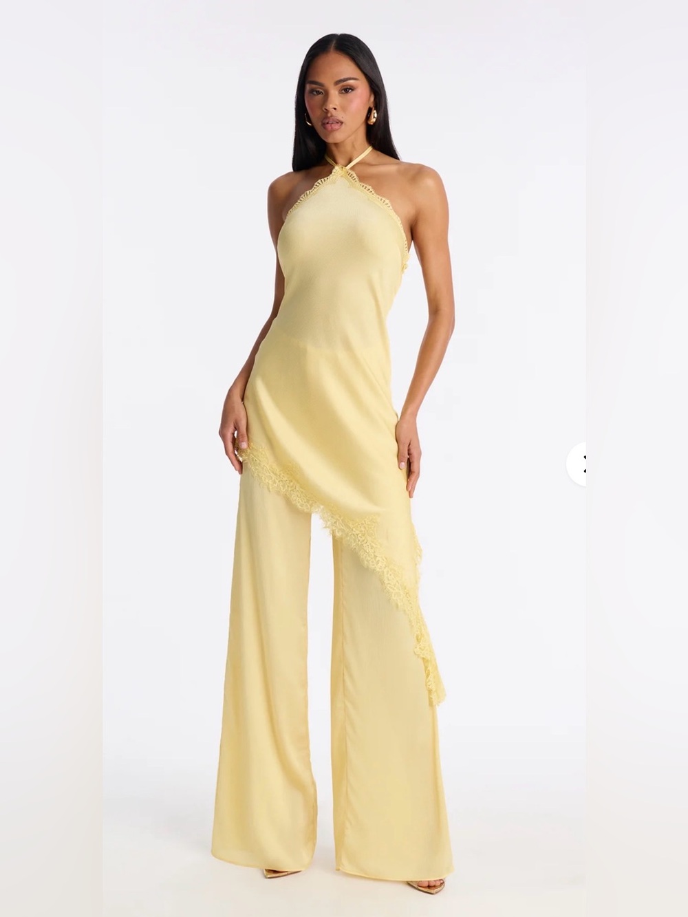 Fashion Nova Yellow Lace-Trim Halter Jumpsuit